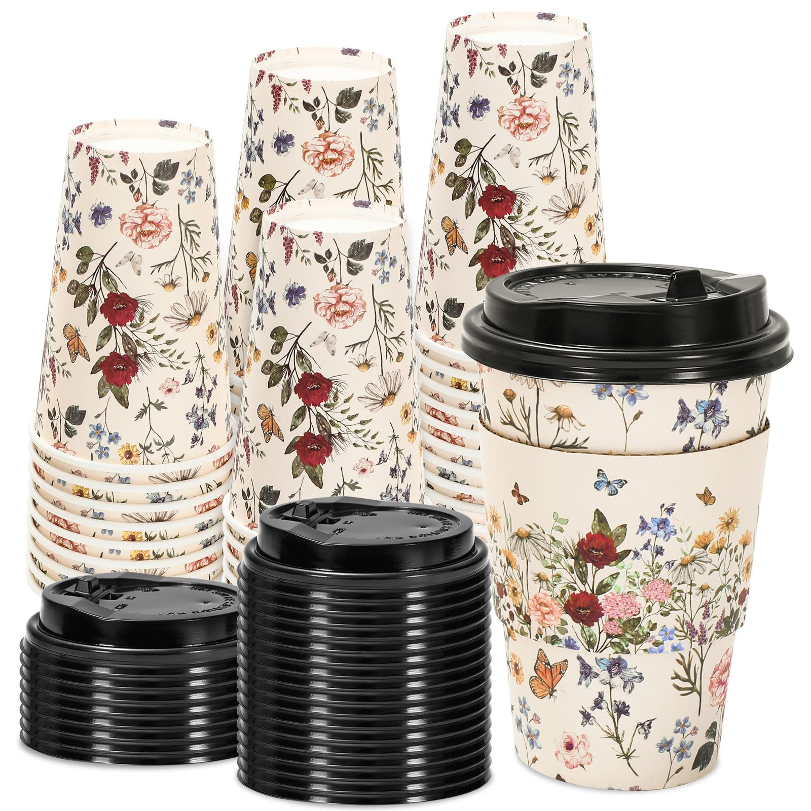 50 Sets Vintage Floral Coffee Cups with Lids and Sleeves 16oz Coffee Wildflower Paper Cups Dispos... | Amazon (US)