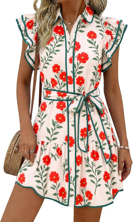Wenrine Womens Summer Button Down Shirt Dress Casual Collar V Neck Floral Ruffle Sleeve Boho Beac... | Amazon (US)