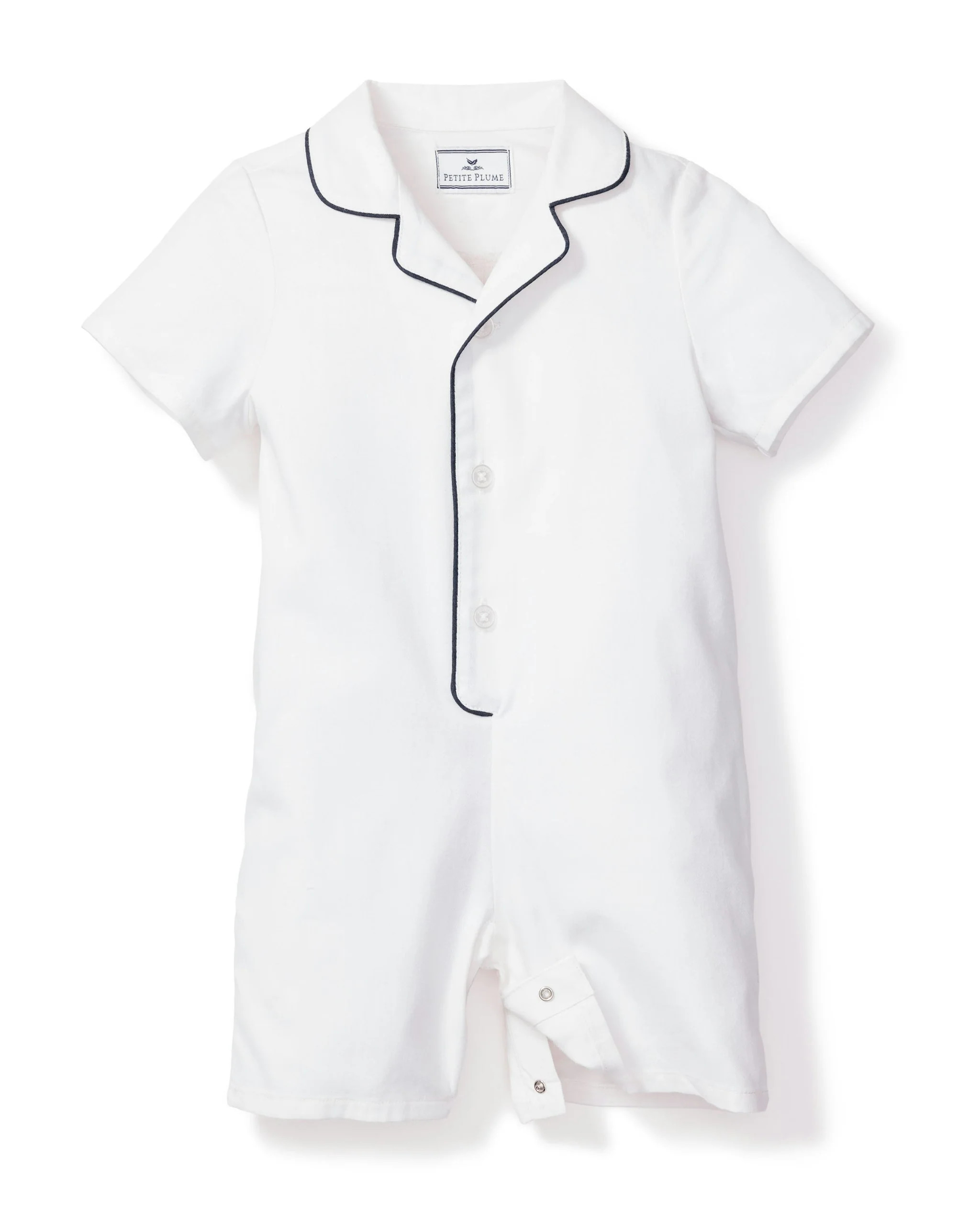 Baby's Twill Summer Romper in White With Navy Piping | Petite Plume
