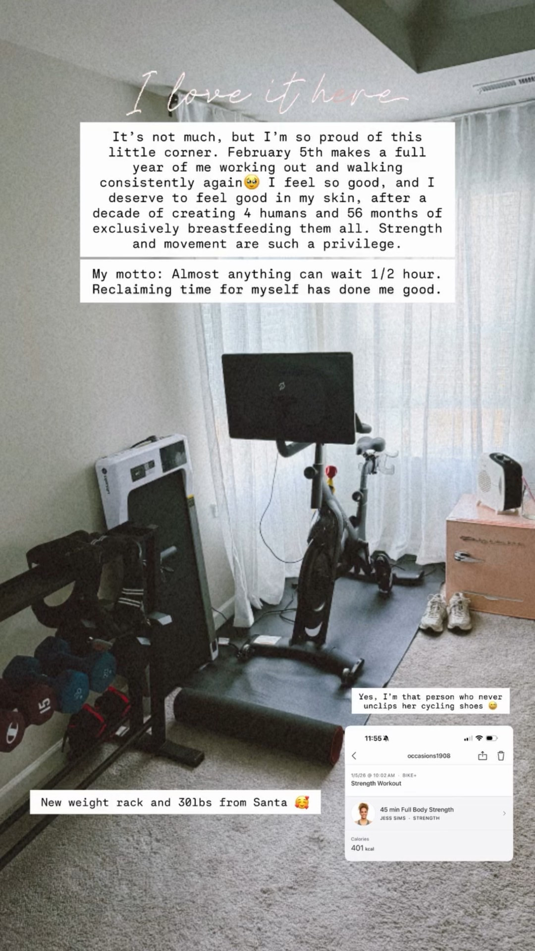 It’s not much, but I’m so proud of this little corner. February 5th makes a full year of me working out and walking consistently again🥹 I feel so good, and I deserve to feel good in my skin, after a decade of creating 4 humans and 56 months of exclusively breastfeeding them all. Strength and movement are such a privilege.

My motto: Almost anything can wait 1/2 hour. Reclaiming time for myself has done me good.

#LTKfitnessgoals #LTKmomlife #LTKActive