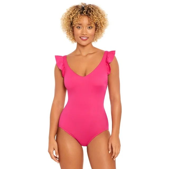 Time and Tru Women's and Plus Solid Ruffle Strap One Piece Swimsuit, Sizes S-3X | Walmart (US)