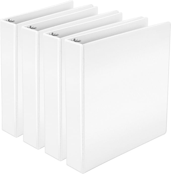 Amazon Basics 3 Ring Binder with 1.5 Inch D-Ring and Clear Overlay, White, 4-Pack | Amazon (US)