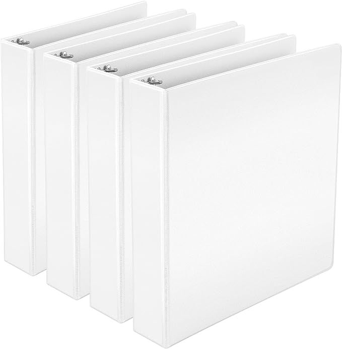 Amazon Basics 3 Ring Binder with 1.5 Inch D-Ring and Clear Overlay, White, 4-Pack | Amazon (US)