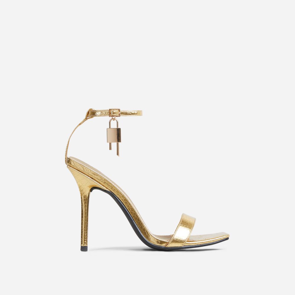 Sunak Padlock Detail Square Toe Stiletto Heel In Gold Croc Print Faux Leather | EGO Shoes (US & Canada)