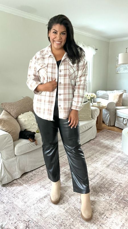 Walmart fall outfit of the day! shacket is $19 wearing XL, faux leather pants are $20 wearing 17, & Chelsea boots $40 run large, size down

// midsize, mid size, fall haul, fall fashion, affordable style, sweater, shacket, faux leather pants, Chelsea boots, no boundaries, time and tru, liv & Lottie 

#LTKSeasonal #LTKstyletip #LTKunder50