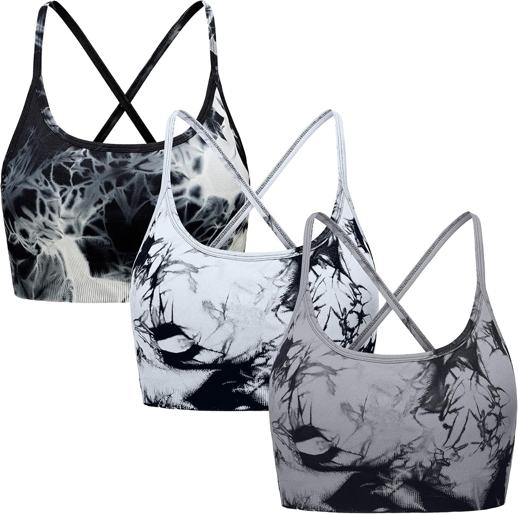 OVESPORT 3 Piece Women's Workout Sports Bras Seamless Tie-dye Strappy Gym Yoga Crop Bra | Amazon (US)