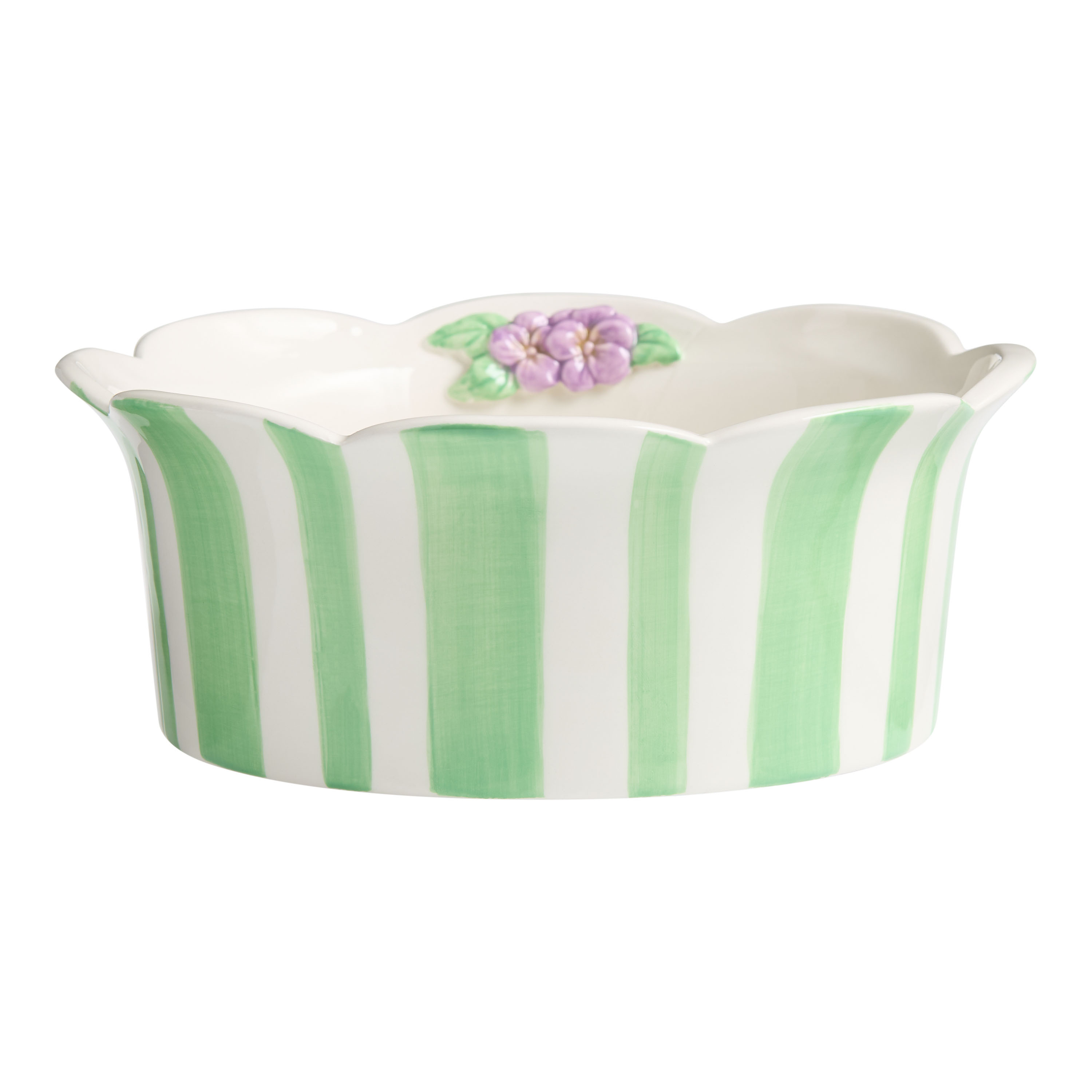 Green Stripe Floral Scalloped Hand Painted Serving Bowl - World Market | World Market