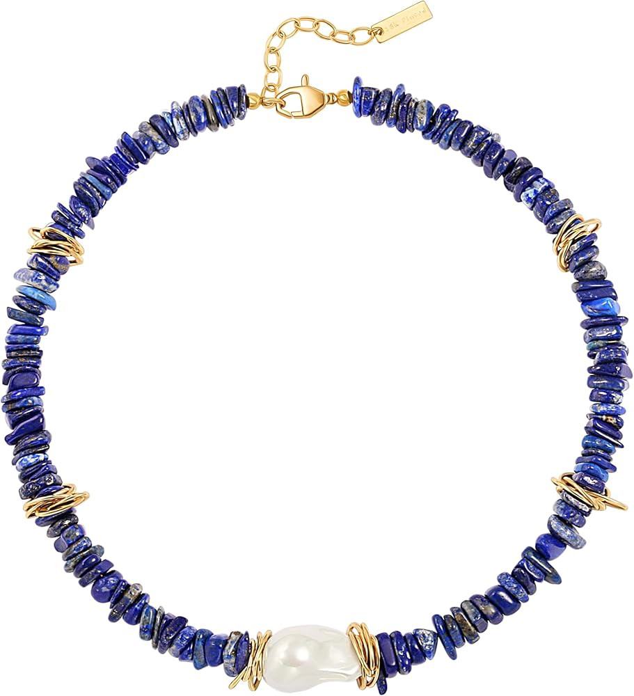 Chunky Statement Stone Beaded Necklace, Big Baroque Pearl Gold Choker, Trendy Boho Colorful Stone... | Amazon (US)