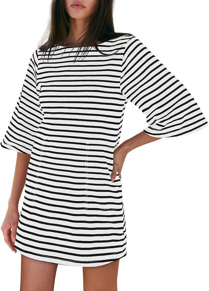 Yousify Women’s T Shirt Dress Cotton Summer Dresses 2025 Casual Loose Short Sleeve Striped Mini... | Amazon (US)