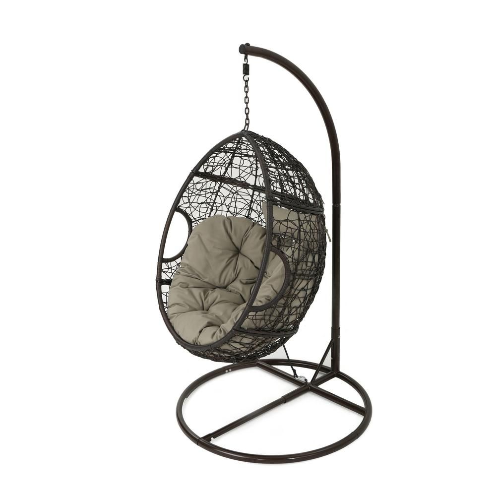 Noble House Nehemiah 1-Person Multibrown Wicker Patio Swing with Khaki Cushion 21126 - The Home D... | The Home Depot