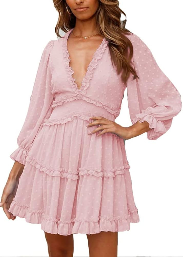 Dokotoo Womens 2024 Summer Spring Deep V Neck Ruffle Long Sleeve Open Back Flowy Mini Dress | Amazon (US)