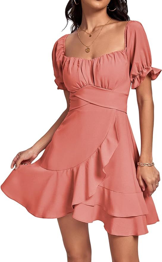 LYANER Women's Square Neck Ruffle Wrap Mini Dress Off Shoulder Flounce Short Sleeve A Line Flowy ... | Amazon (US)