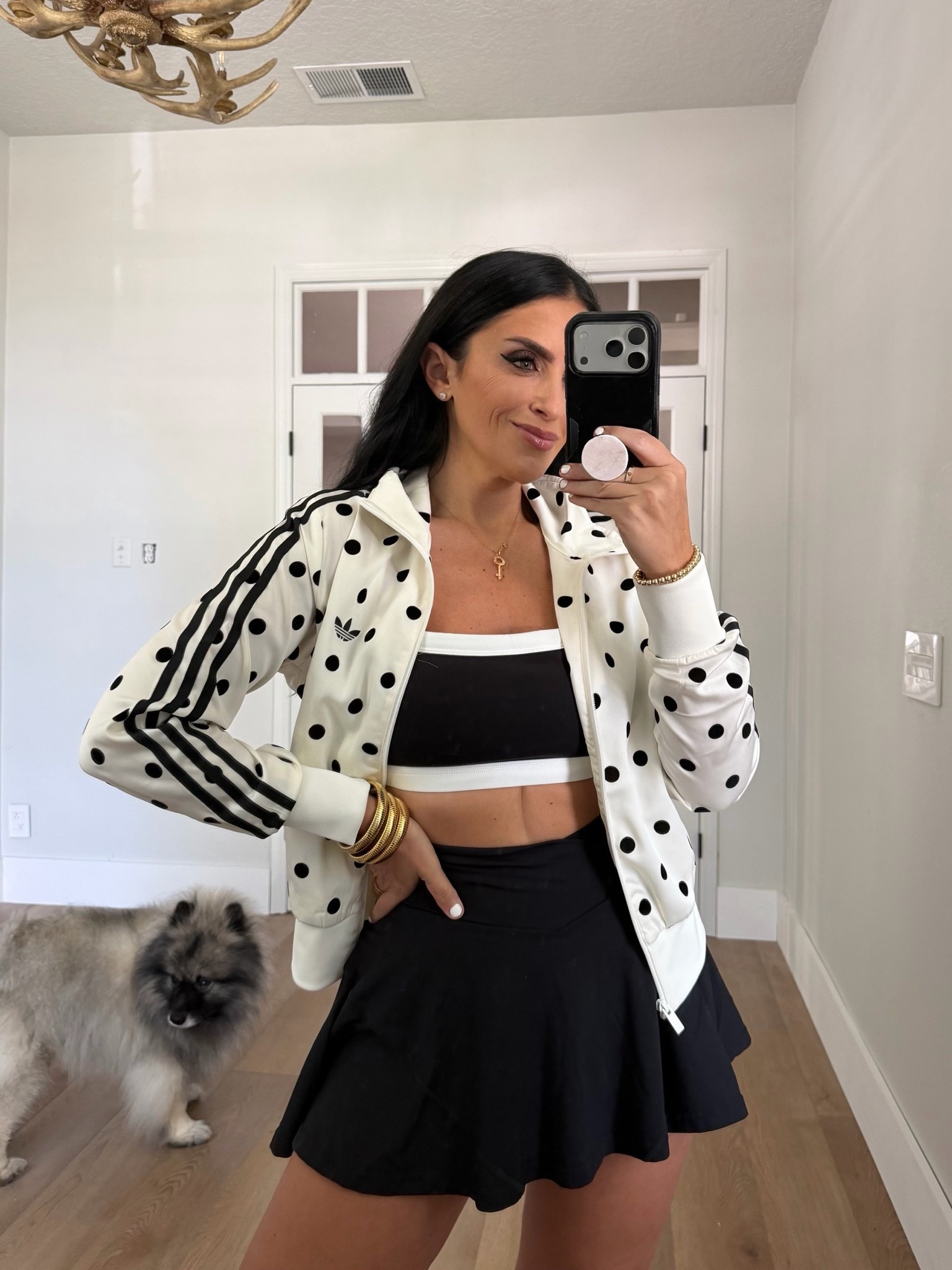 Adidas Satin Polka Dot TT Track Top. Popflex It Girl Bra. Popflex Crisscross Hourglass Twirl Skort
