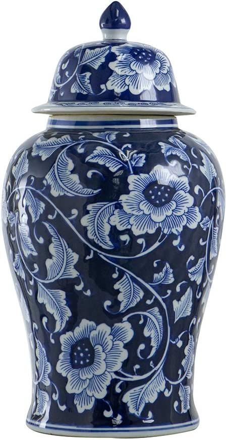 A&B Home 18" Porcelain Decorative Jar with Lid Blue White Floral Print Vase Ginger Jar Centerpiec... | Amazon (US)