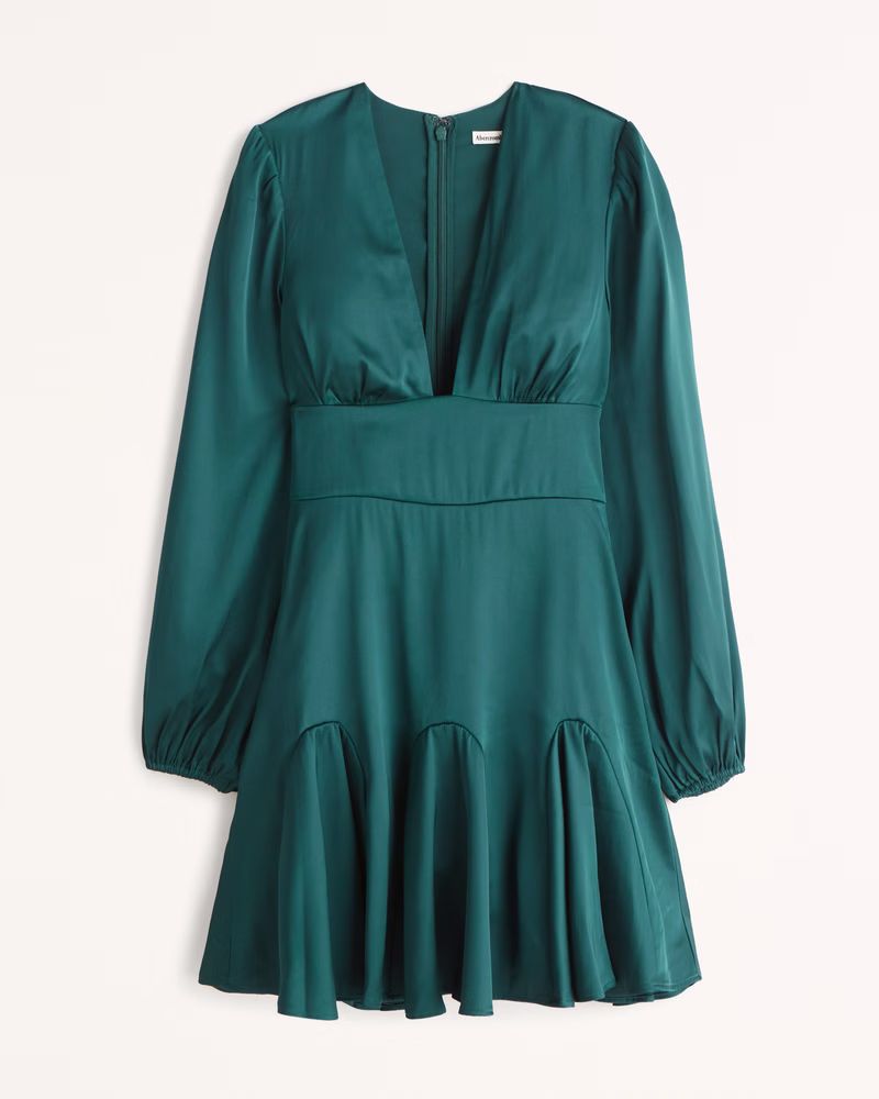 Women's Long-Sleeve Plunge Satin Mini Dress | Women's | Abercrombie.com | Abercrombie & Fitch (US)