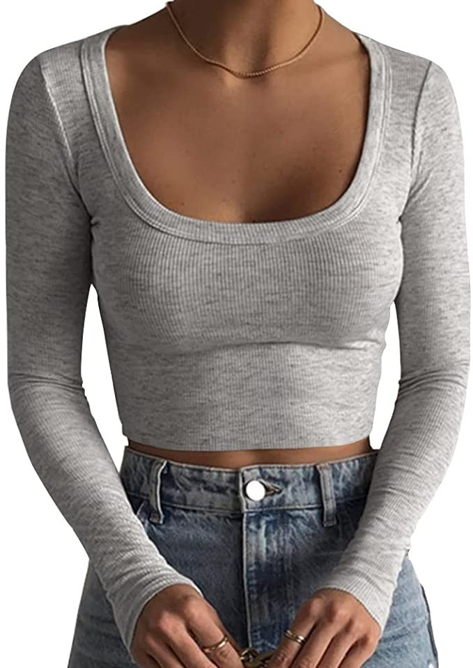 Artfish Women's Square Neck Long Sleeve Ribbed Slim Fitted Casual Basic Crop Top | Amazon (US)