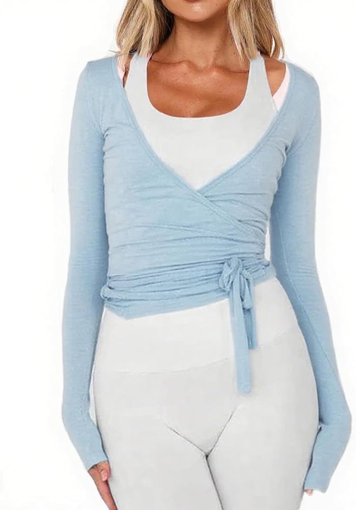 Women Wrap Tie Top Y2k Long SLeeve Ballet Workout Yoga Shirt Coquette Blouses | Amazon (US)