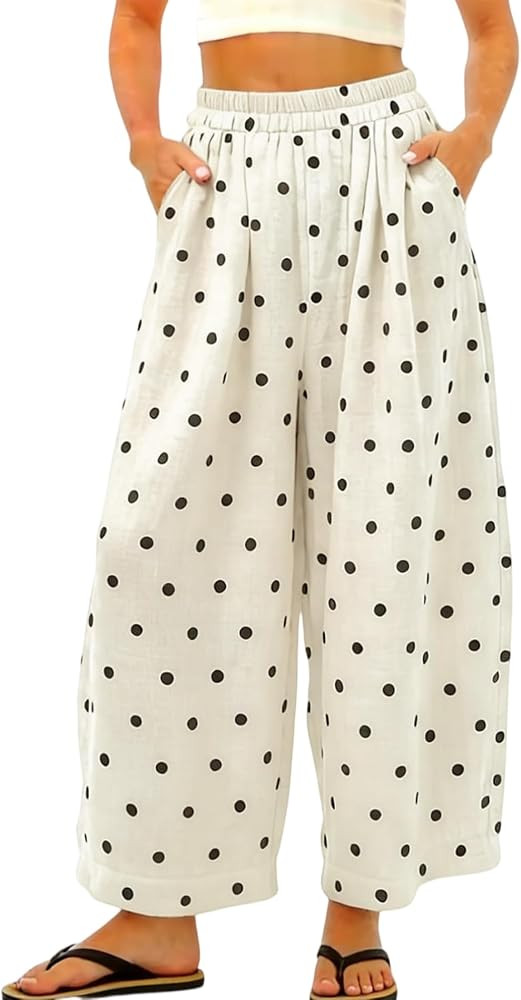 Polka Dot Pants for Women Summer Boho Beach Elastic Waist Palazzo Summer Wide Barrel Leg Pants wi... | Amazon (US)