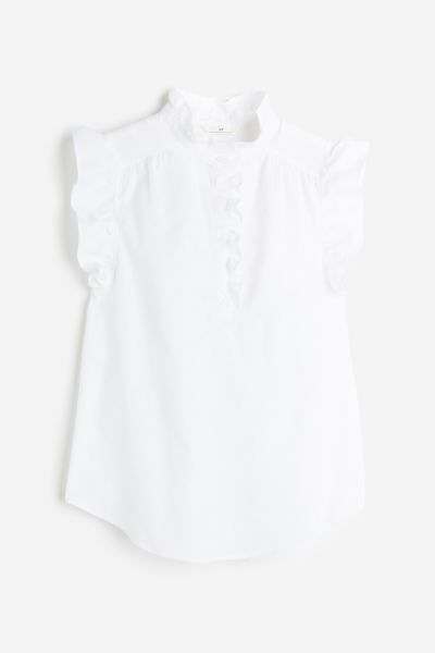 Ruffle-trimmed Linen-blend Blouse - White - Ladies | H&M US | H&M (US + CA)