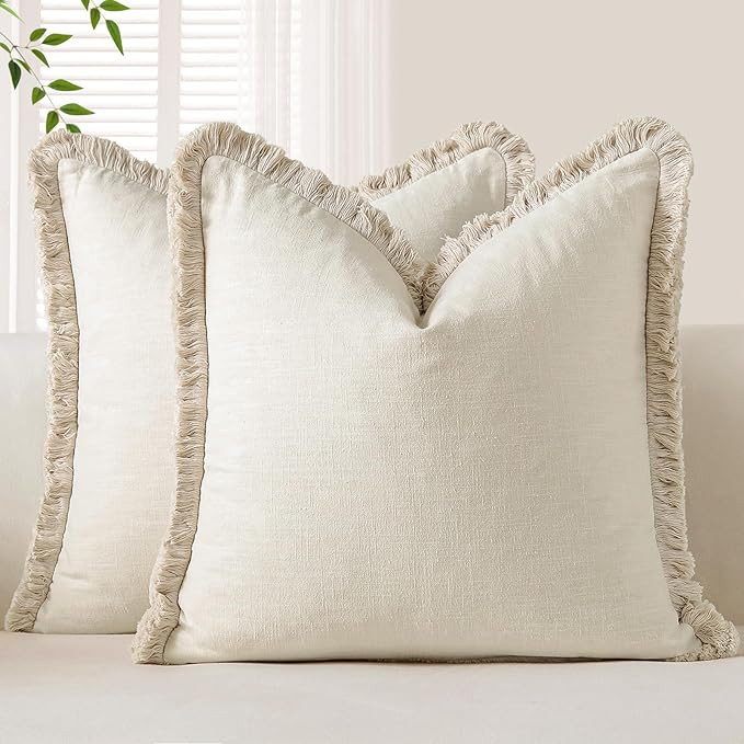 OTOSTAR Set of 2 Linen Fringe Decorative Throw Pillow Covers 18x18 Inch Soft Accent Cushion Cover... | Amazon (US)