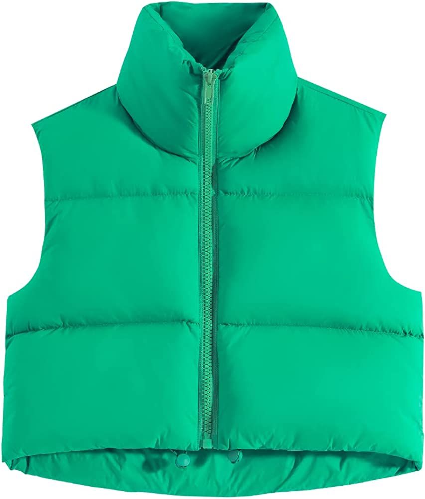 Fuinloth Women's Padded Vest, High Stand Collar Lightweight Zip Crop Puffer Gilet | Amazon (US)