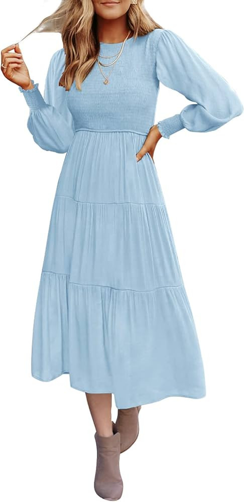 ZESICA Women's 2024 Casual Long Sleeve Crew Neck High Waist Smocked Flowy Tiered Midi Dress | Amazon (US)