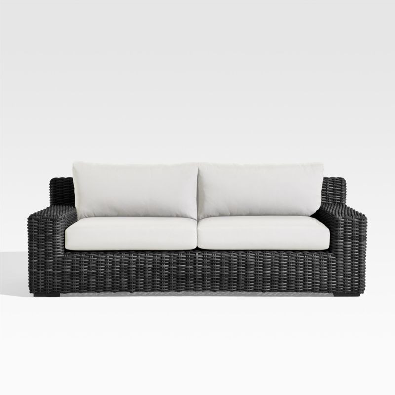 Abaco Resin Wicker Charcoal Grey Outdoor Sofa with White Sand Sunbrella Cushion + Reviews | Crate... | Crate & Barrel