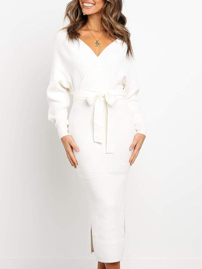 Chang Yun Women's Long Maxi Sweater Dresses Sexy Wrap Batwing V Neck Slit Open Back Holiday Bodyc... | Amazon (US)