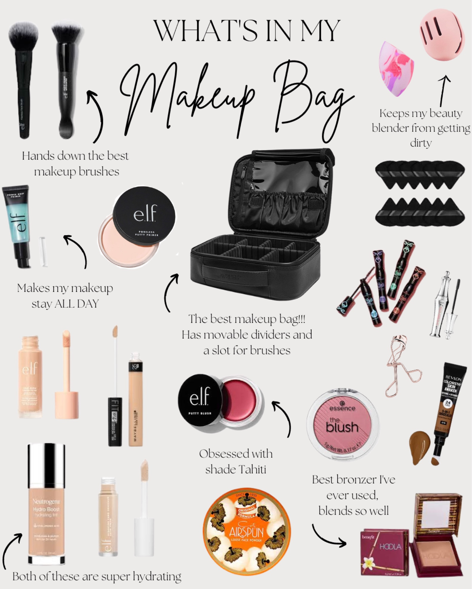 What’s in my bag - Makeup Bag - Amazon Makeup Bag - Elf Cosmetics - Putty Blush - Foundation - Concealer - - Contour - Mascara - Setting powder - Primer - Brush - Beauty Blender - Halo Glow - Camo concealer 

#LTKitbag #LTKbeauty