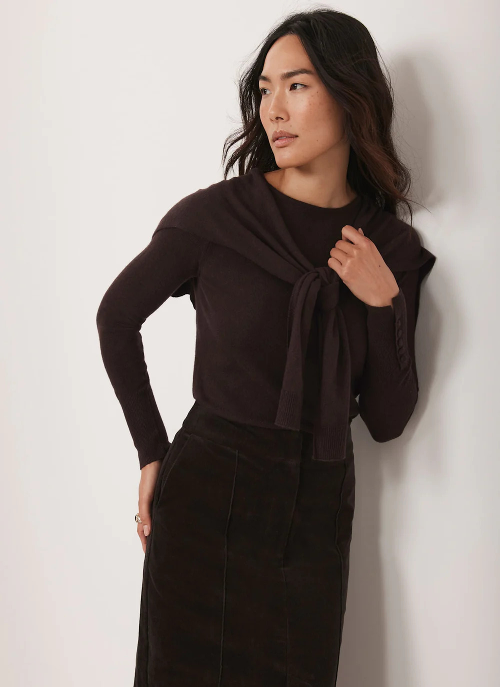 Brown Cotton Blend Scarf Detail Knit Jumper | Mint Velvet