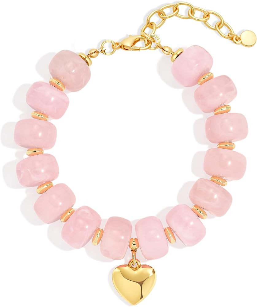 Chunky Beaded Bracelet for Women Boho Stackable BeadBracelet with Gold Heart Charm Trendy Adjusta... | Amazon (US)