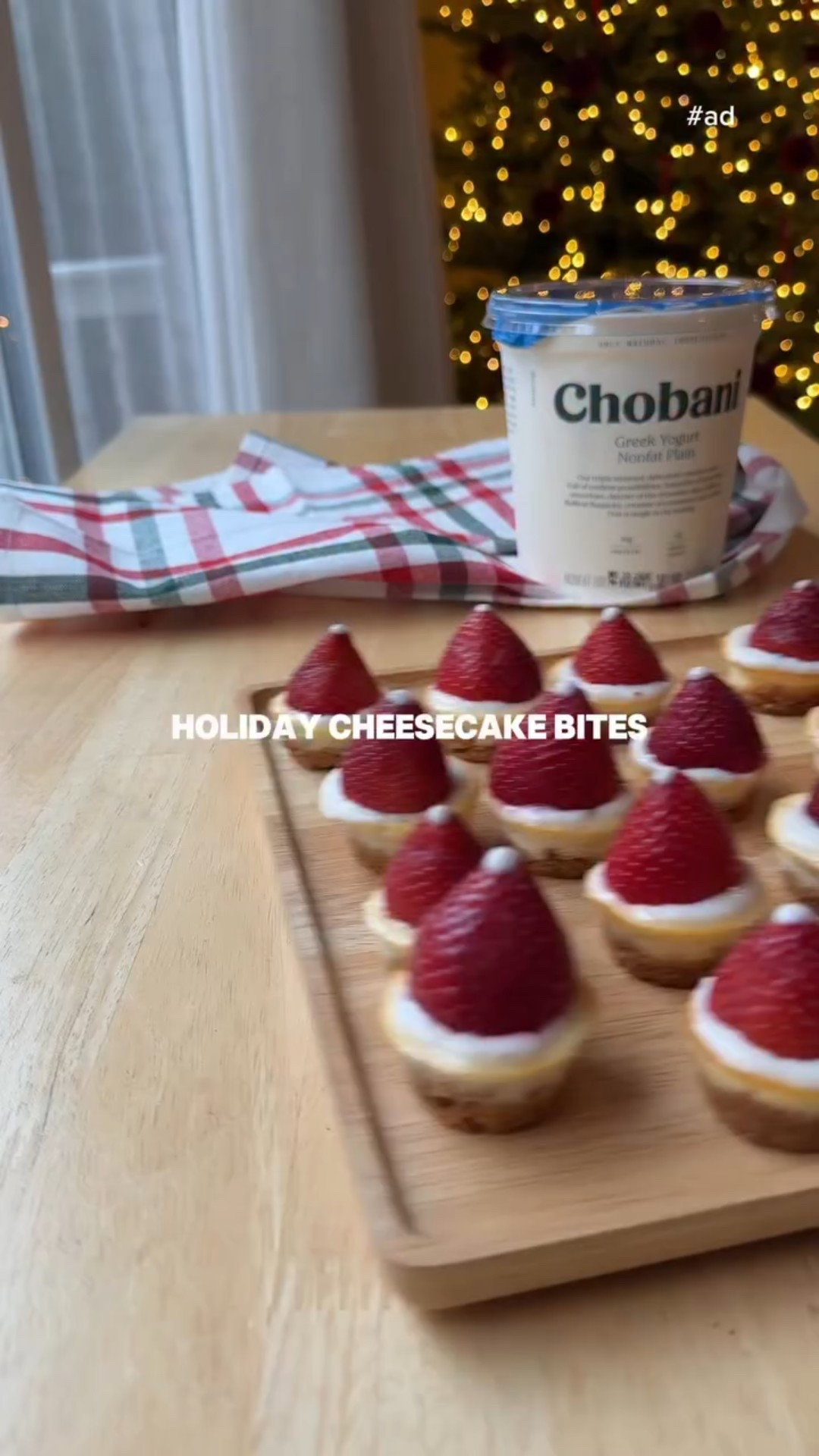 #Ad Greek Yogurt Cheesecake Bites 
Using @chobani plain Greek yogurt for a healthier swap! These mini cheesecakes are creamy, light, and the perfect bite-sized treat.

I’ve linked all the featured Chobani products in my @shop.ltk so you can shop directly from there!
@Shop.LTK #liketkit @Target @Chobani TargetPartner Target #Holidayrecipes #healthyrecipes #eatclean 

Recipe:
 Makes 24 mini cheesecakes
Crust
- 1 cup graham cracker crumbs (about 8 full sheets)
- 3 tbsp butter, melted
- 1 tbsp granulated sugar

Cheesecake filling
- 1 (8 oz) pkg cream cheese, softened
- 3/4 cup plain Chobani Plain Greek yogurt
- 1/4 cup + 4 tbsp granulated sugar
- 2 large eggs
- 1/2 tsp vanilla extract

Toppin
- 24 small fresh strawberries (tops sliced off flat)
- 1/2 cup Vanilla Greek yogurt
- 2 tbsp powdered sugar
- 1/4 tsp vanilla extract

Instructions
1. Preheat oven to 325°F. Line a mini muffin tin with 24 paper liners.
2. Mix graham cracker crumbs, melted butter, and sugar. Press about 1 heaping tsp into each liner. Bake 5 min, then cool.
3. Beat cream cheese, Greek yogurt, and sugar until smooth. Add eggs and vanilla; mix just until combined.
4. Spoon 1 1/2 tbsp batter into each cup. Bake 18–22 min, then let sit in oven 10 min before cooling.
 5. Chill 3 hours or until firm.
 6. Whisk yogurt, powdered sugar, and vanilla for topping. Chill.
7. Top each cheesecake with a strawberry and pipe or spoon the sweetened yogurt around the base.

https://liketk.it/5GLhe