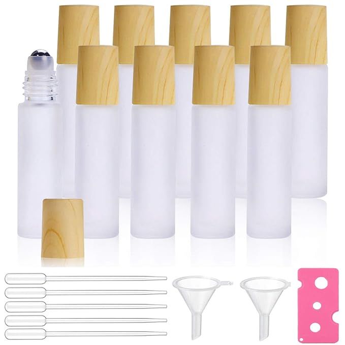 10 Piece 10ml Roller Bottles for Essential Oils, Frosted Glass Roller Bottle Bulk with Stainless ... | Amazon (US)