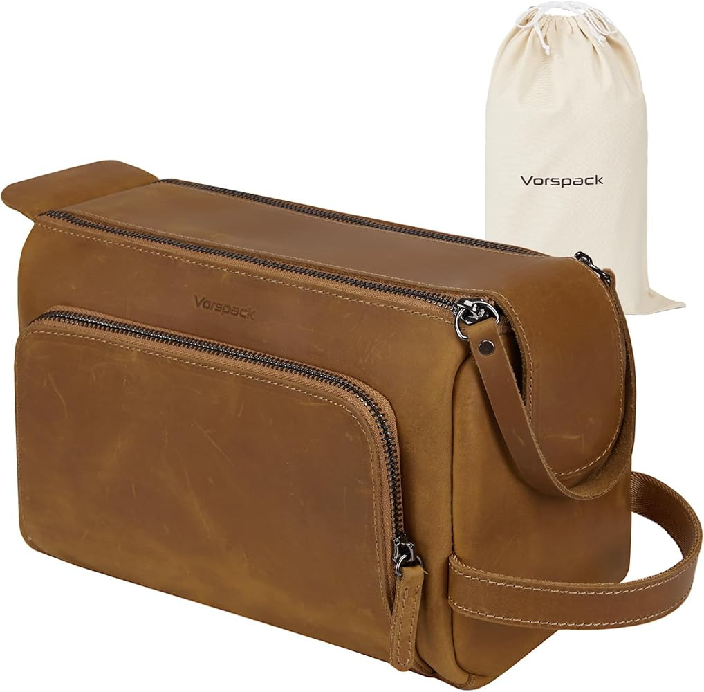 Vorspack Genuine Leather Toiletry Bag for Men - Water Resistant Travel Bag for Toiletries, Essent... | Amazon (US)