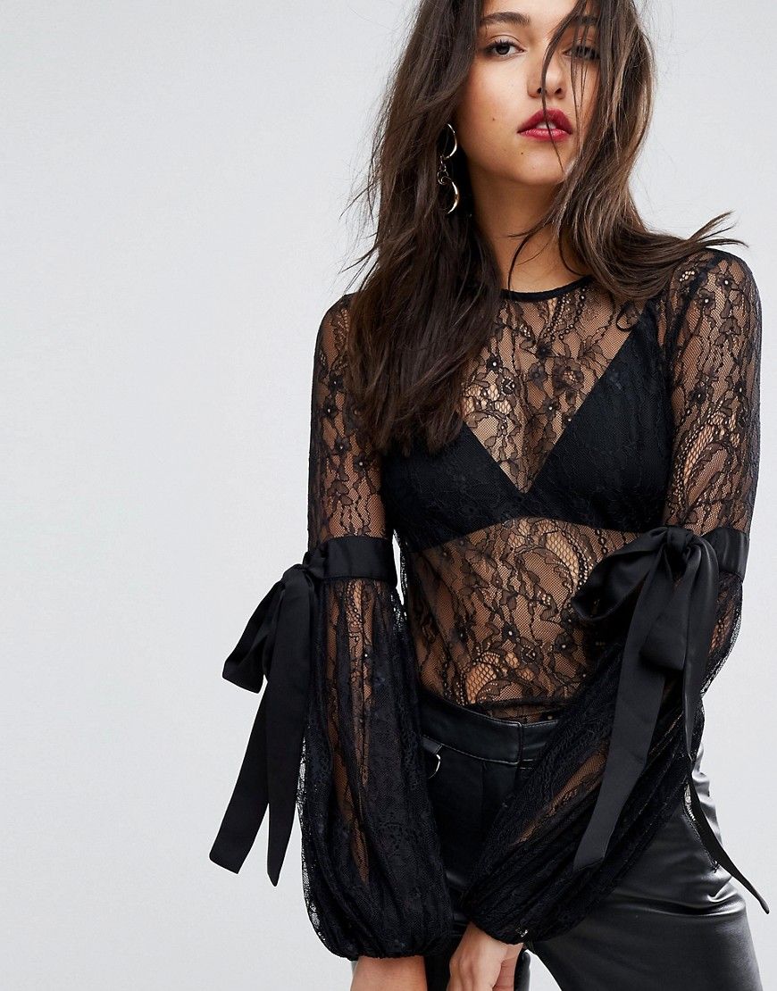 Miss Selfridge All Over Lace Fluted Sleeve Blouse - Black | Asos EE