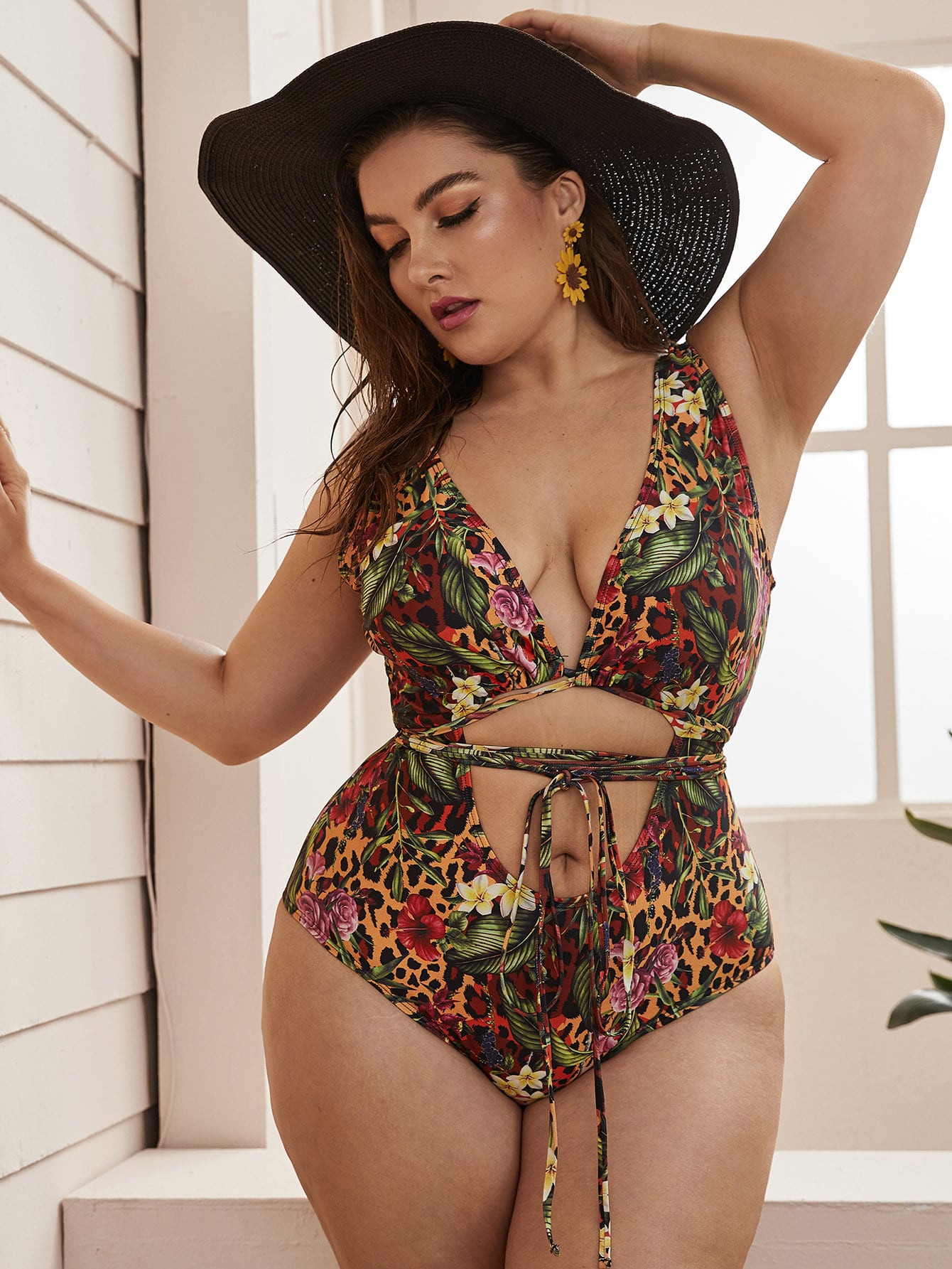 Plus Leopard & Floral Backless One Piece Swim | SHEIN