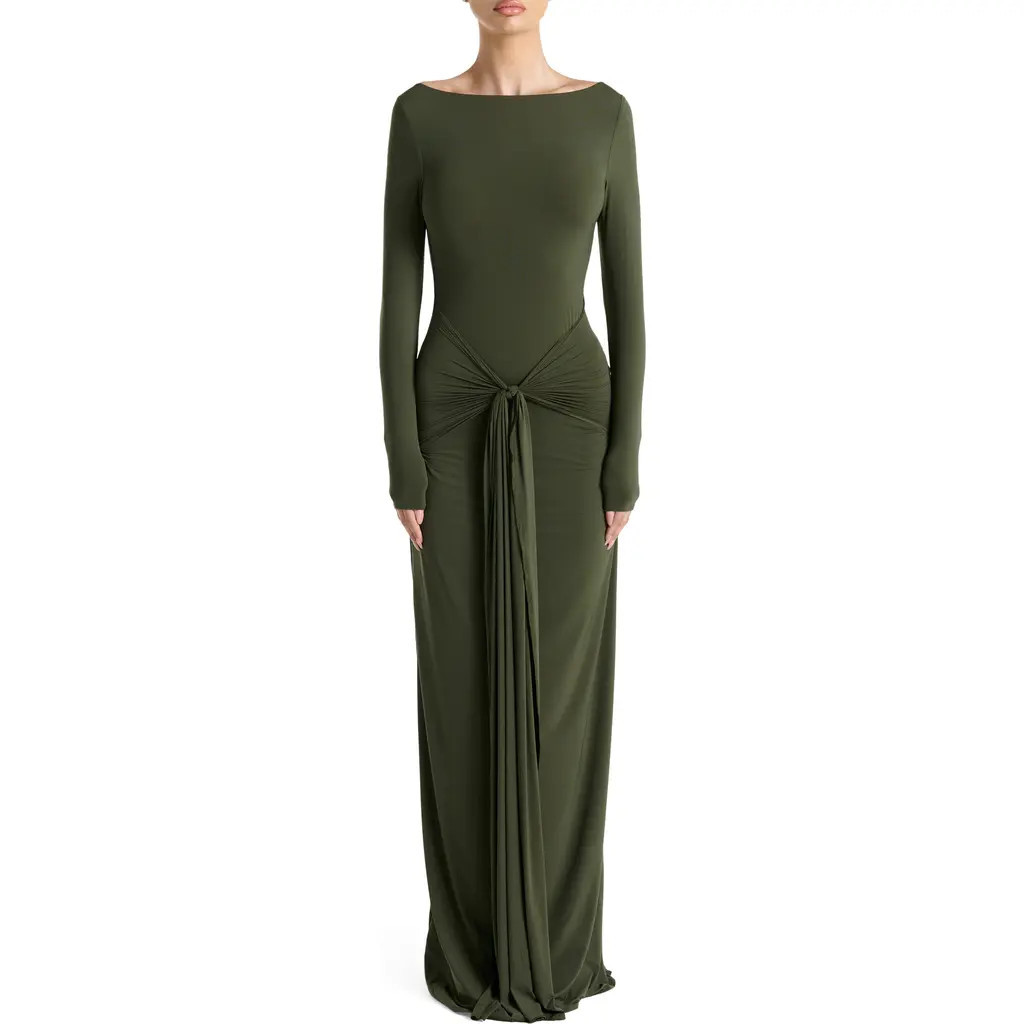 Naked Wardrobe Tie Waist Long Sleeve Maxi Dress in Dark Olive at Nordstrom, Size Large | Nordstrom
