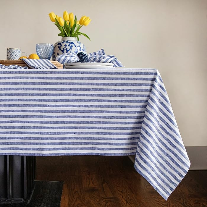 Solino Home Linen Square Tablecloth 52 x 52 Inch - Amalfi Stripe, 100% Pure Linen Navy and White ... | Amazon (US)