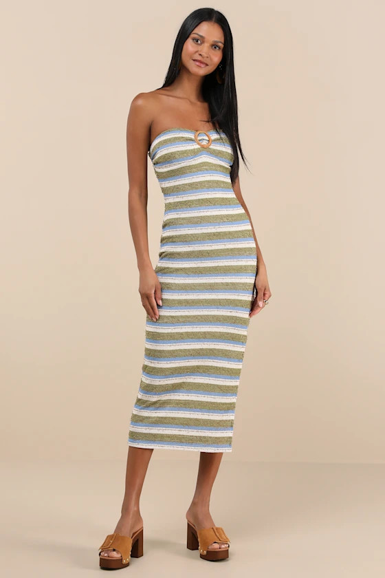 Mileka Green Striped Textured Knit Strapless Midi Sweater Dress | Lulus