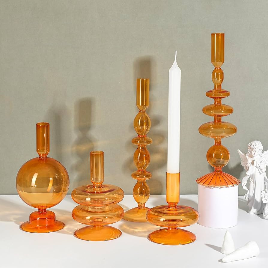 Rtteri 5 Pcs Glass Candlestick Holders Colorful Glass Taper Candle Stand Groovy Candlestick Wavy ... | Amazon (US)