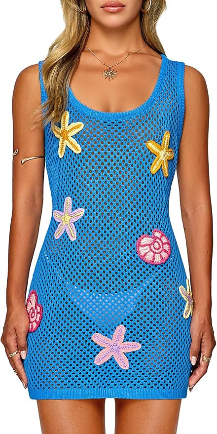 FAIRY SEASON Women's Crochet Beach Cover Up with 3D Starfish & Shells, Sleeveless Mini Dress for ... | Amazon (US)