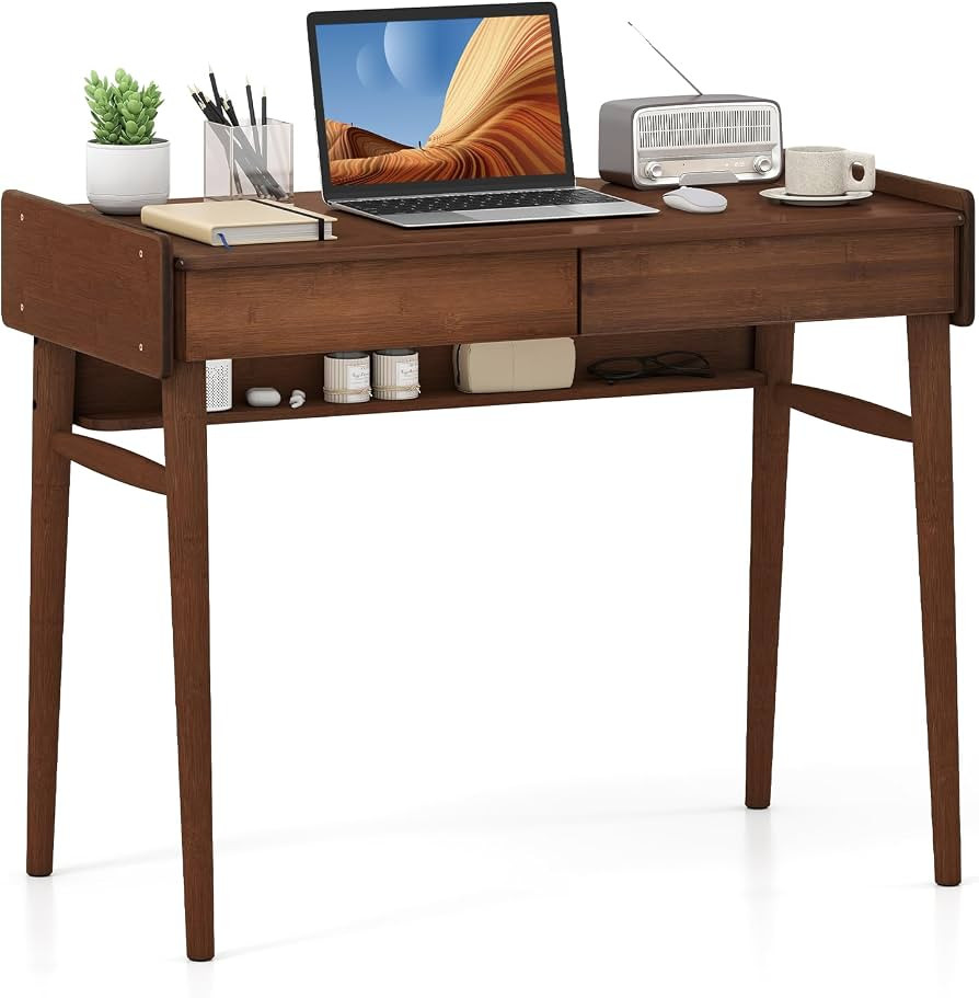 Giantex Mid Century Modern Desk, 39.5" Bamboo Computer Desk with 2 Drawers and Open Storage Shelf, Makeup Vanity Table, Wood Computer Workstation, Vintage Writing Desk for Bedroom, Walnut | Amazon (US)