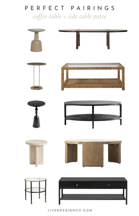 Coffee table and side table pairing. Living room furniture. Pedestal side table. Woven coffee table. Glass table. Modern coffee table. Black side table. Accent table. Brass side accent table. Oval coffee table. Traditional table. 

#LTKSeasonal #LTKStyleTip #LTKHome