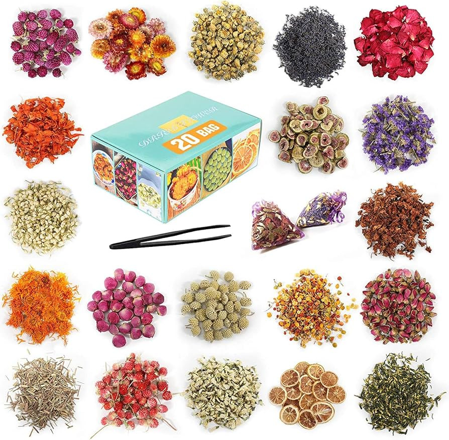 20 Bags Dried Flowers,100% Natural Dried Flowers Herbs Kit for Soap Making, DIY Candle Making,Bat... | Amazon (US)