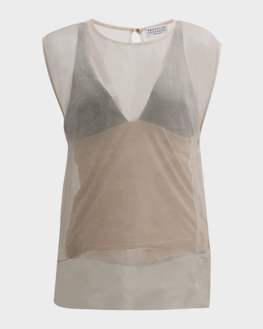 Brunello Cucinelli Monili Tank Underlay Crispy Silk Cap-Sleeve Top | Neiman Marcus