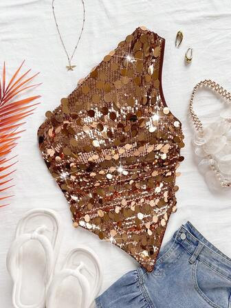 Soleia Women's Asymmetric Hem Asymmetrical Shoulder Top, Casual For Vacation, Beach, Wedding Guest, Graduation Brunch, St. Patrick's Day, Spring Break, Easter, Music Festival, Elegant Boho Tropical Party, Sequin Embellished, Brown, Valentine's Day,Sequin Top | SHEIN