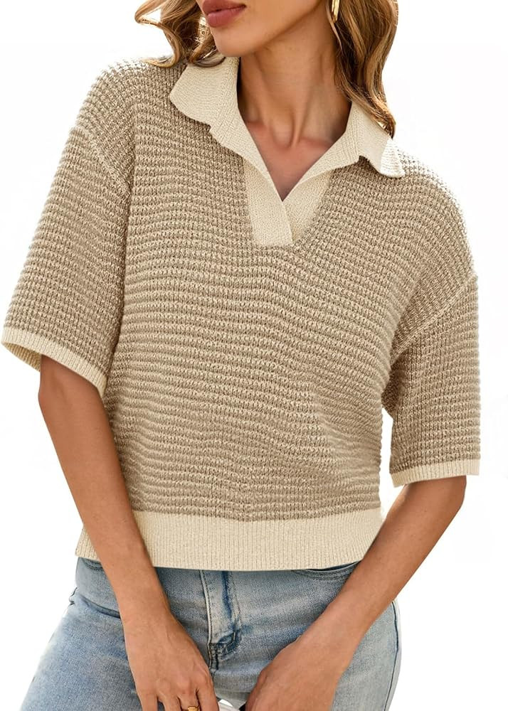 Cicy Bell Womens Striped Cropped Sweaters Tops Color Block Short Sleeve Knit V Neck Fall Casual Pullover | Amazon (US)