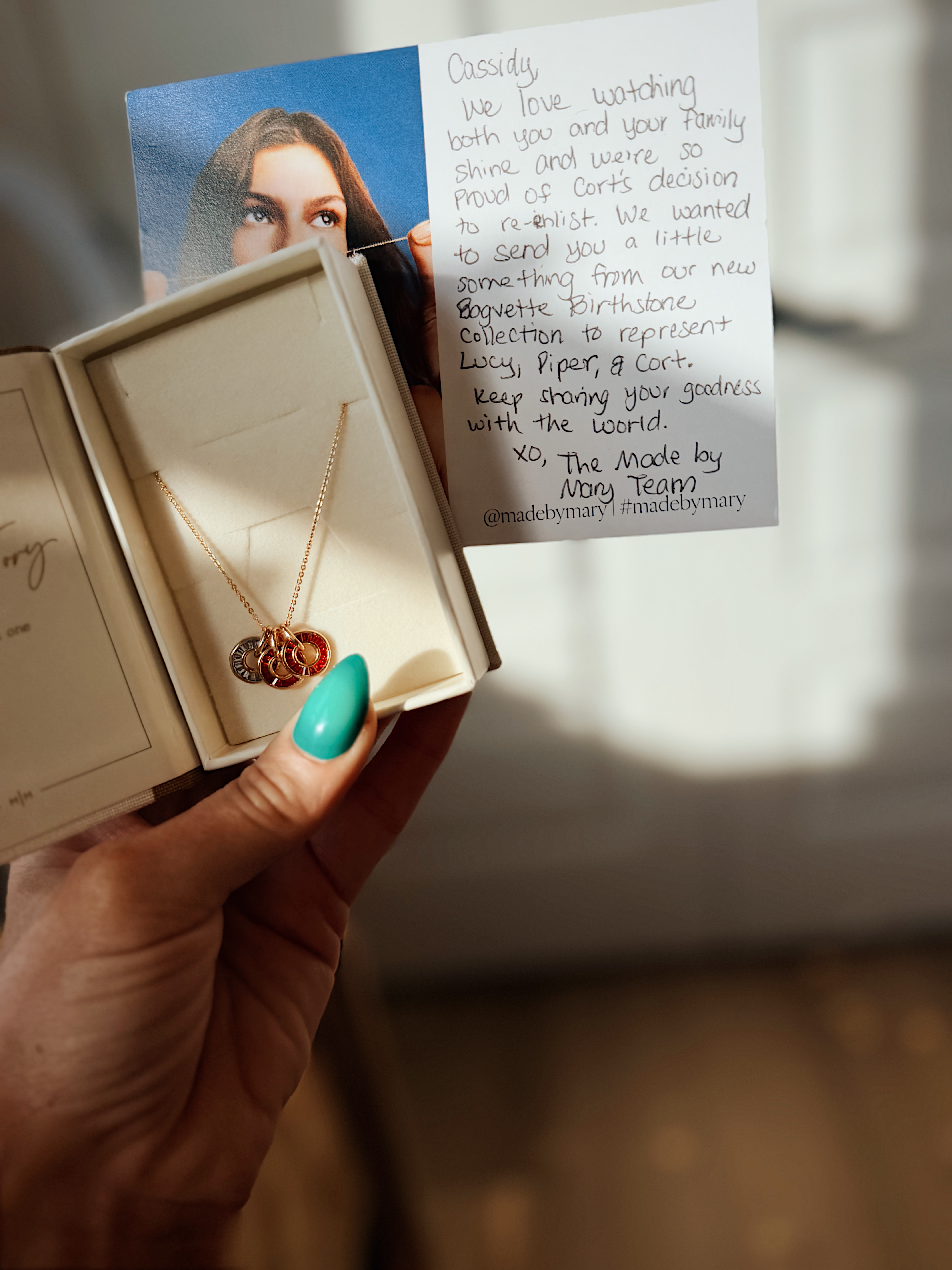 The sweetest gift from Made by Mary!! Birthstones for Lucy, Piper & Cort!! Love this so much🤍






Made by Mary, birthstone necklace, personalized jewelry, family jewelry, accessories, meaningful jewelry, justclassicallycassidy 

 