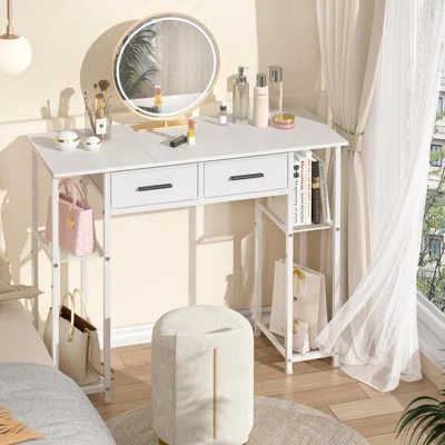 White Vanity Desk No Mirror, Small Makeup Table With Drawers, Girls Vanity Dressing Table With Storage Shlef For Bedroom, 37.3 Inches Compact Vanity F | Wayfair North America