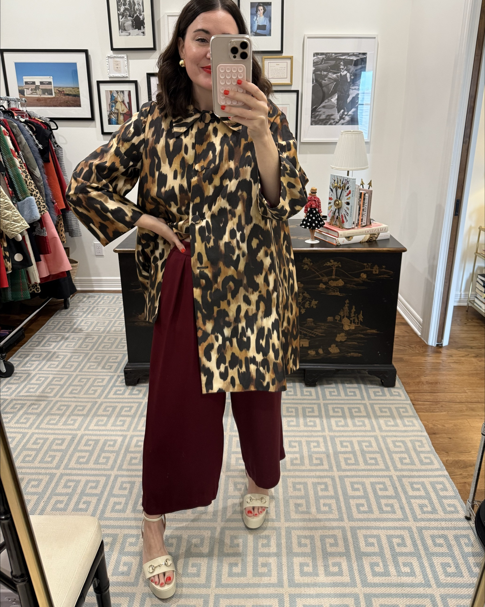 What I wore this afternoon. 🦃🍾❤️Perfect Thanksgiving outfit or holiday outfit, if you ask me. I’m wearing the size 4 pants & the size small leopard jacket. These Gucci platforms run true to size  

#LTKOver40 #LTKHoliday #LTKCyberWeek